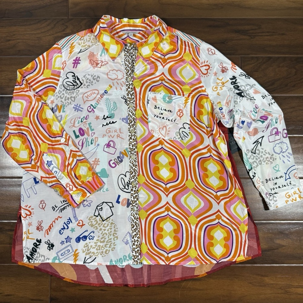 John Mark Women's Size 1X Mixed Media Novelty Print Button Up Blouse Shirt Top